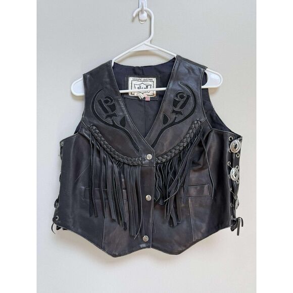 New J & J Daytona Beach Florida Black womens Large Leather VEST - Picture 2 of 5